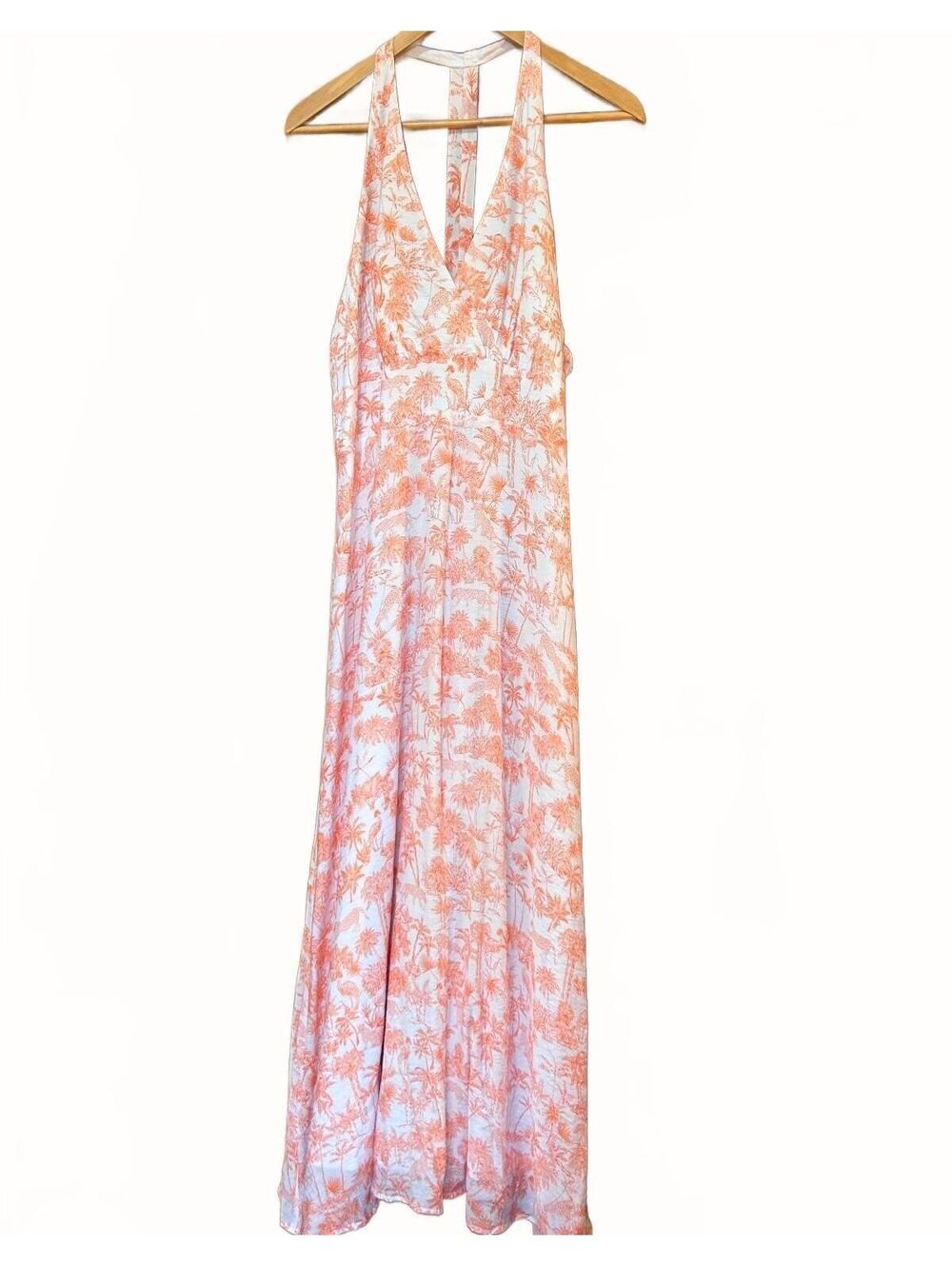 1.STATE Palm Print Backless Halter Maxi Dress in Peach/Orange Large